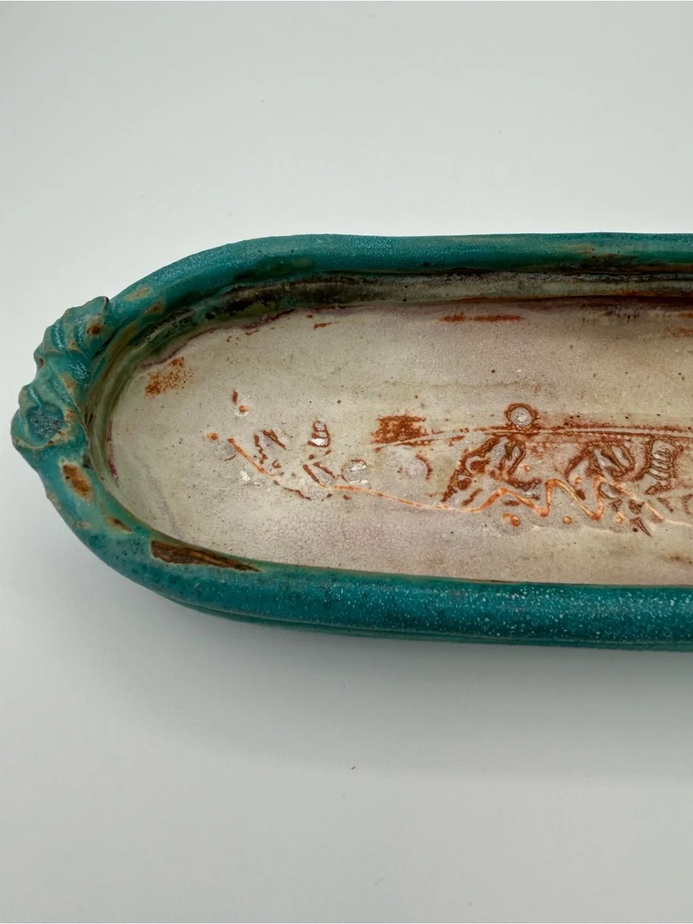 Studio Pottery Oval Serving Tray Trinket Dish Blue Gray Signed Decorative Scene